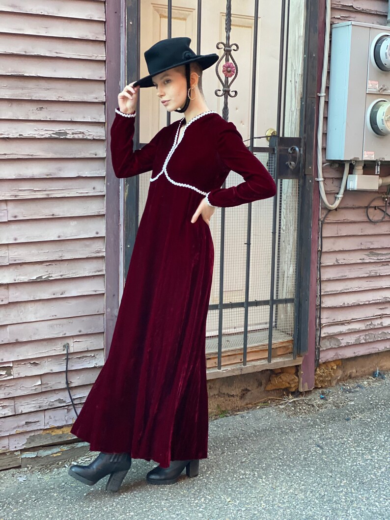 Blood Red Brick Wine Velvet Maxi Dress-1980s Does Victorian Holiday-Gown-Witchy-Goth-White Pearl Trim-Dark Gothic Femme Princess Medium image 2