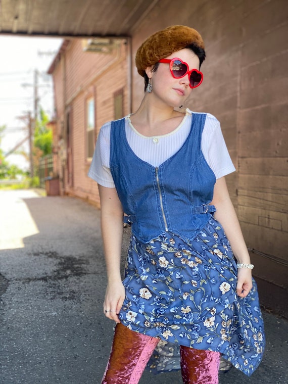 1990s Denim Pinafore Dress-Floral-Waffle Knit-Top… - image 1