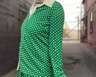 Punchy 1970s Green Polka Dot Dress Set-Flapper Style Drop Waist-Pleated-Color Block-Jacket-Skirt-Midi Dress-Blouse-Sleeveless-Working Girl