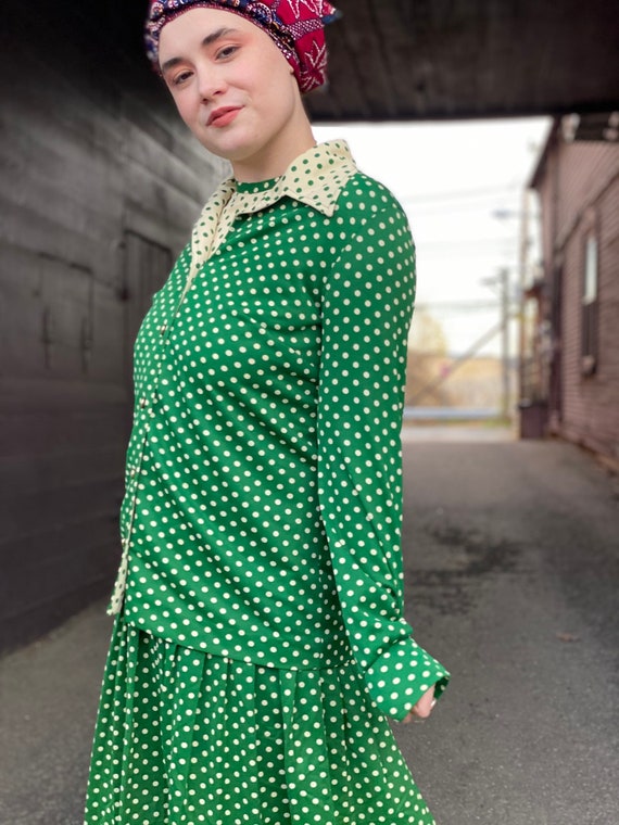 Punchy 1970s Green Polka Dot Dress Set-Flapper St… - image 1