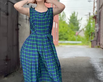 1950s Sleeveless Fit and Flare Plaid Daydress-Womenswear-Ladies-femme-blue green-Autumn-Fashion-Midcentury-Maisel-50s daywear-dress-small