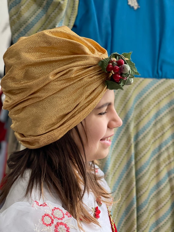 Vintage Metallic Turban with Fruit-Gold Stretch L… - image 8