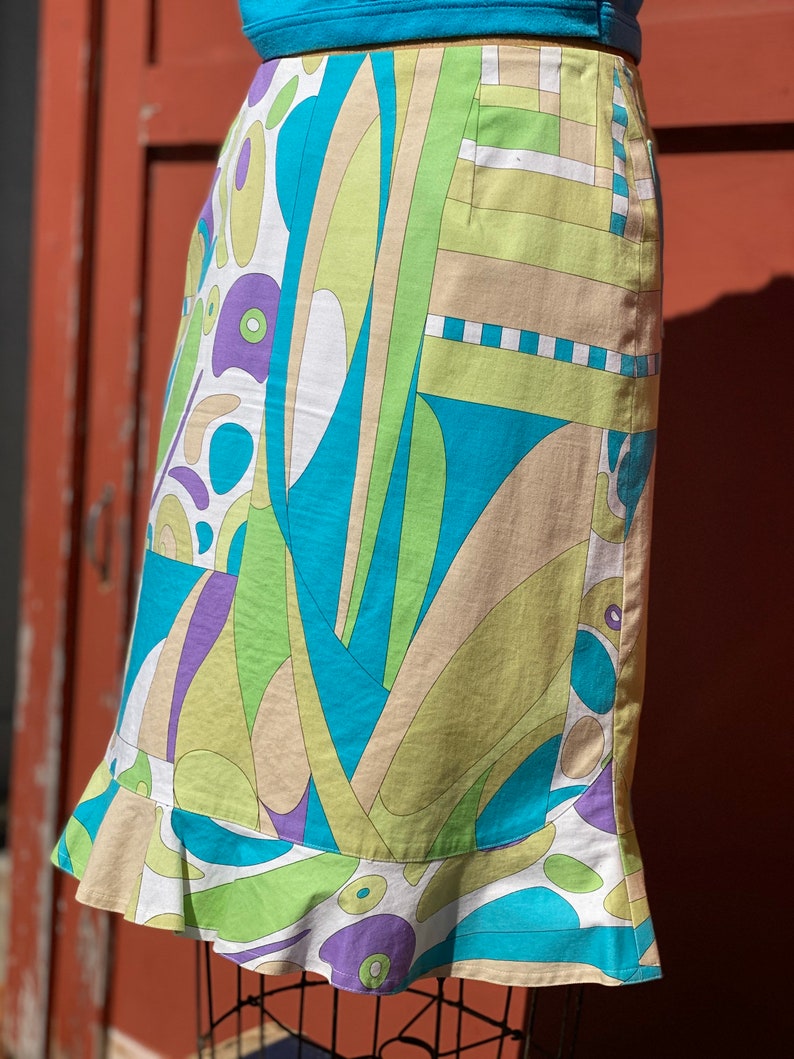 90s Pucci style abstract print ruffle skirt purple green turquoise 60s 70s Mod Vintage summer seperates