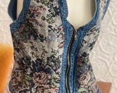 Vintage Denim Tapestry Corset Style Waistcoat-Vest-Hippie-Boho-1980s-Cottage-Granny Core-Zipper-layer-femme-large-90s-Grunge-