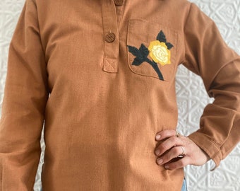 1970s Custom Westernwear Yellow Rose of Texas Tunic Pullover Shirt-Button Down-Custom Salaminder Exclusive Western Top-Cowgirl-Appliqué