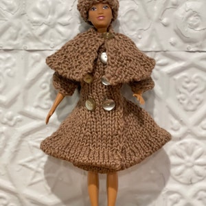 Vintage 1960s Knit Barbie Doll Dress Set-Overcoat-Shawl-Cape-Beanie-Hat-Tam-3 pieces-Handmade Doll Clothes-Original-Brown-Autumn-
