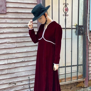Blood Red Brick Wine Velvet Maxi Dress-1980s Does Victorian Holiday-Gown-Witchy-Goth-White Pearl Trim-Dark Gothic Femme Princess Medium image 10