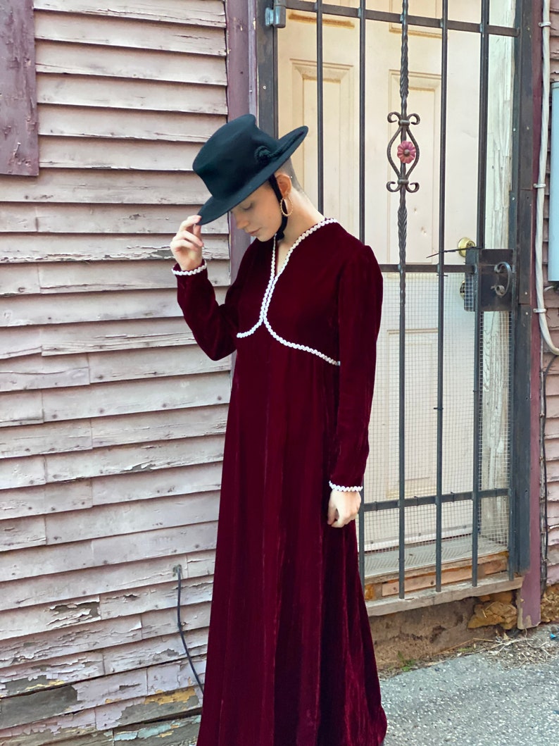 Blood Red Brick Wine Velvet Maxi Dress-1980s Does Victorian Holiday-Gown-Witchy-Goth-White Pearl Trim-Dark Gothic Femme Princess Medium image 10