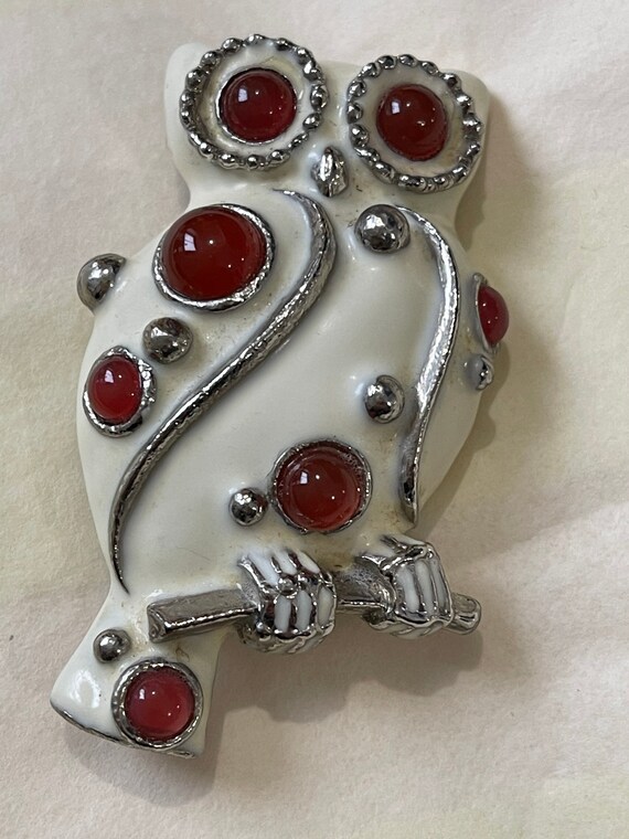 Lanvin Paris Signed Vintage Owl Brooch-Red Glass … - image 2