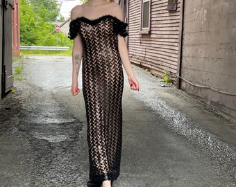Vintage Sequin Illusion Net Feather Evening Gown-Union Label-1980s-70s Black Vamp Off Shoulder-Column Dress-Jazz Singer-Small-xs