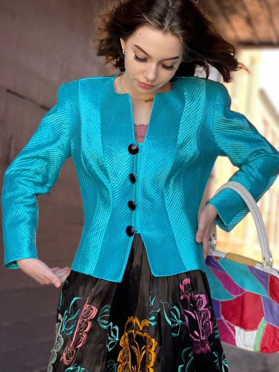 1980s Turquoise Blue Pleated-Evening Jacket-Jet B… - image 10