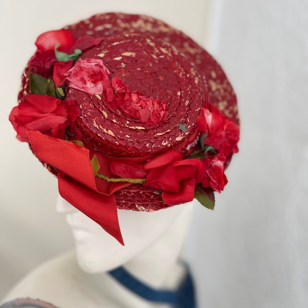 Petite Chapeau Mini red Straw Hat-Fascinator-New Orleans-Roses-Unique Valentine-Love Charm-Vintage-Dress Up-Doll-Whimsical-Cottage Core
