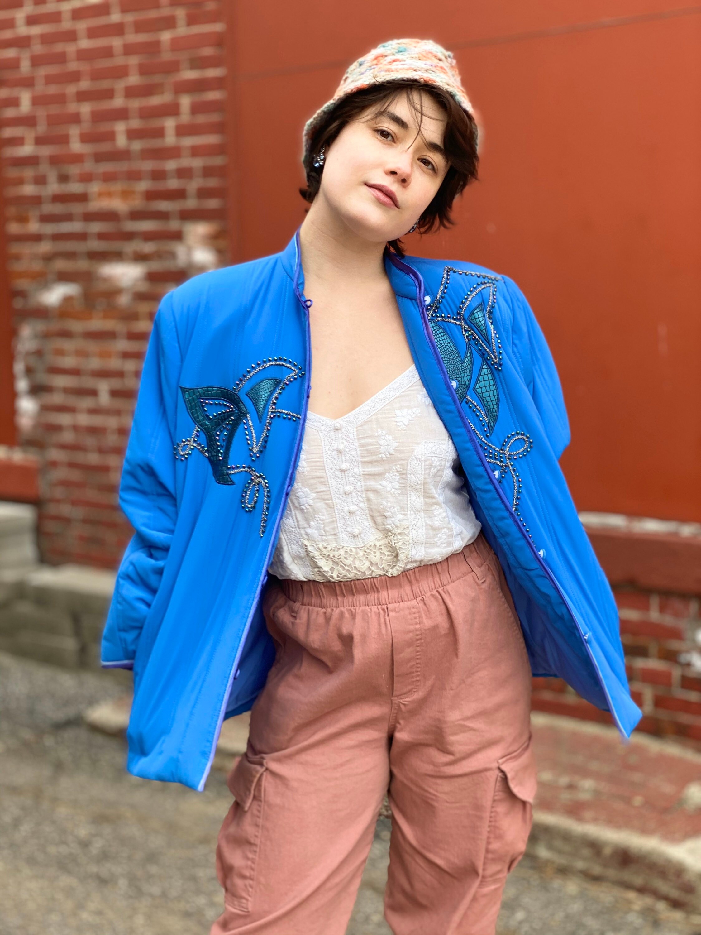 True Blue Satin Bed Jacket-1980s Vintage Embellished