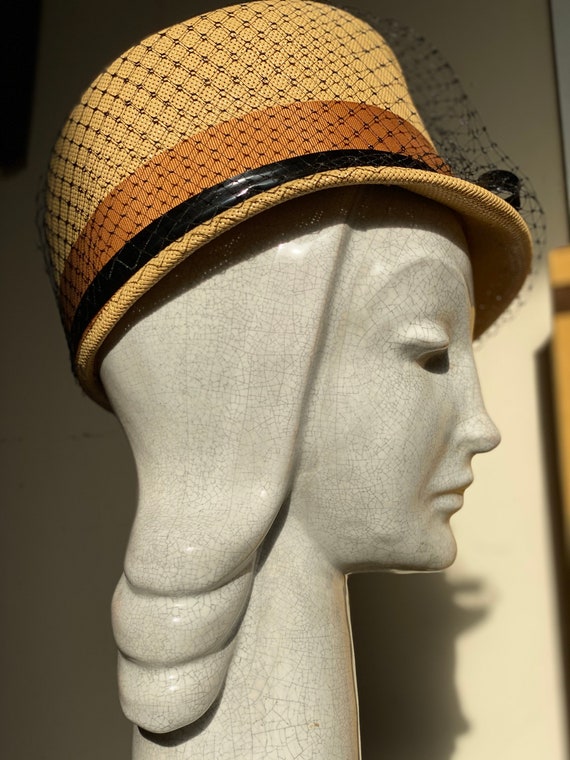 1960s Straw Pillbox Hat Trimmed with Net and Patent L… Gem