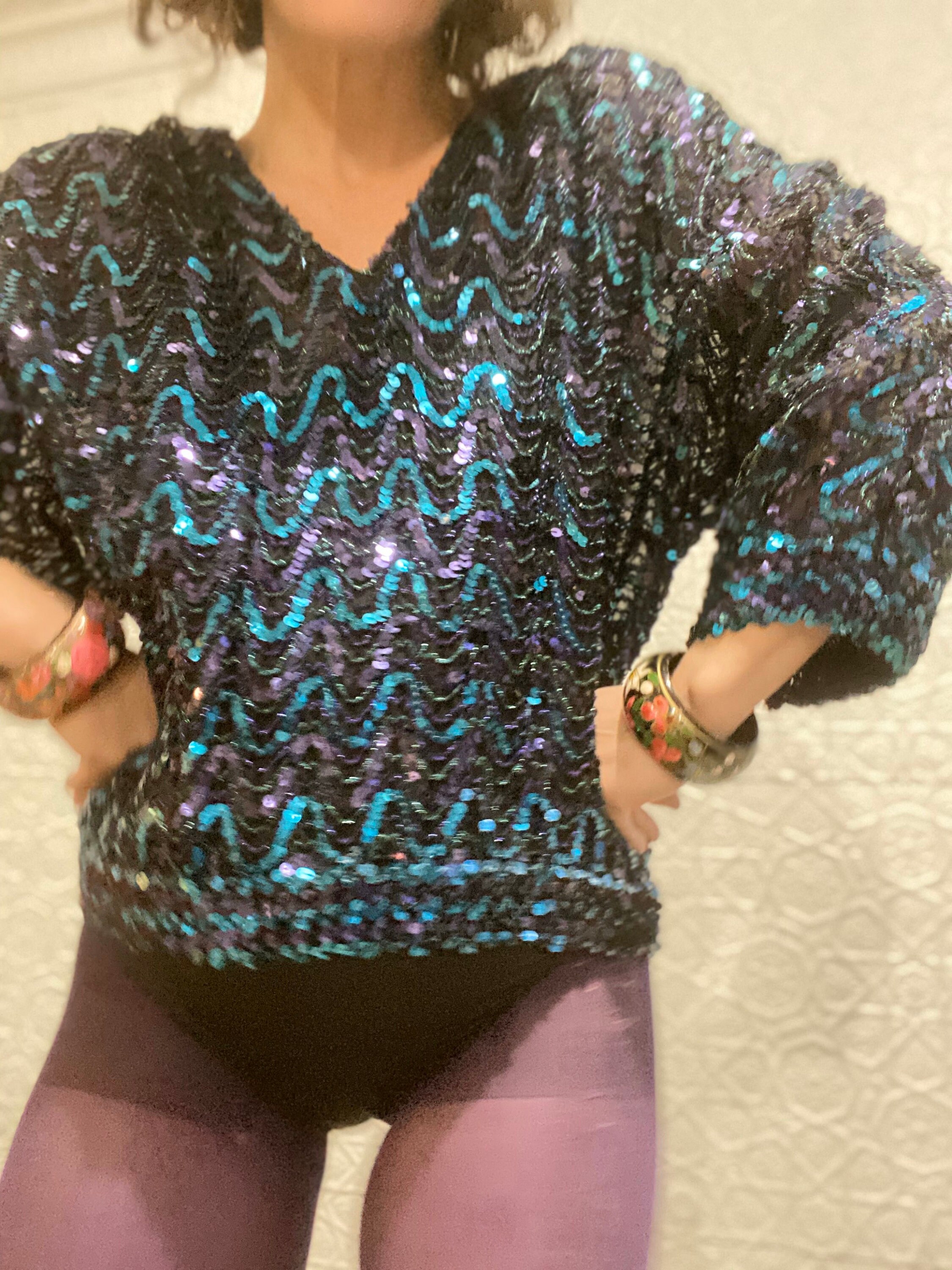 Super Glam 80s Purple and Aqua on Black Mesh Sequin Top