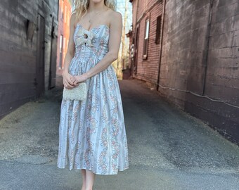 vintage Gunne Sax 1989s/90s Jessica McClintock formal-strapless-sweetheart-floral gown-Dress-Blue stripe-roses-shimmer-Full skirt-small