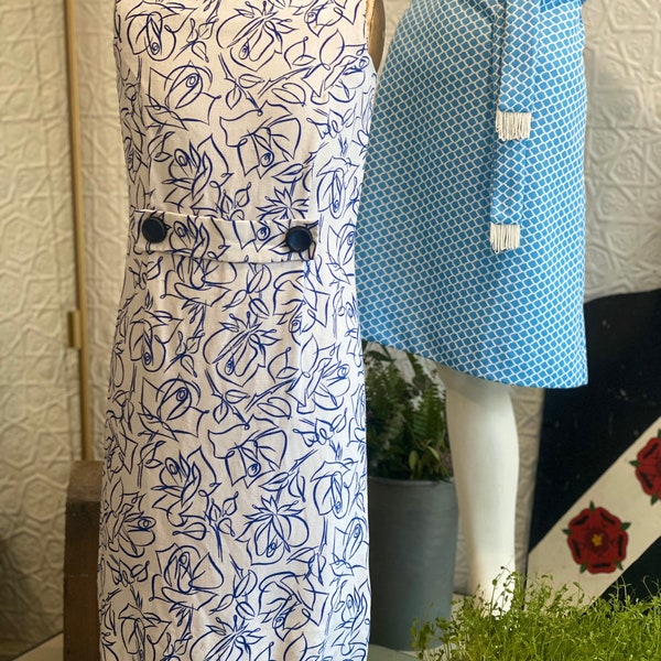 Irish Linen 1960s Wiggle Dress-Abstract Blue Rose Print-White-Daydress-Sailor Style-Metal Zipper-Floral-Pencil Skirt-Summer-Nautical-Vintage