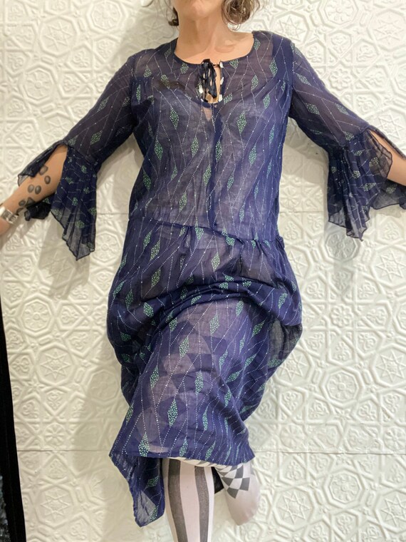 1920s Antique Sheer Navy Daydress-Sheer Cotton Voi