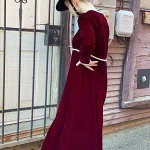 Blood Red Brick Wine Velvet Maxi Dress-1980s Does Victorian Holiday-Gown-Witchy-Goth-White Pearl Trim-Dark Gothic Femme Princess Medium image 9