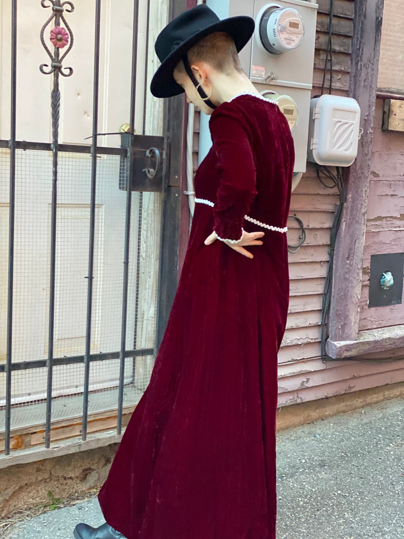 Blood Red Brick Wine Velvet Maxi Dress-1980s Does Victorian Holiday-Gown-Witchy-Goth-White Pearl Trim-Dark Gothic Femme Princess Medium image 9