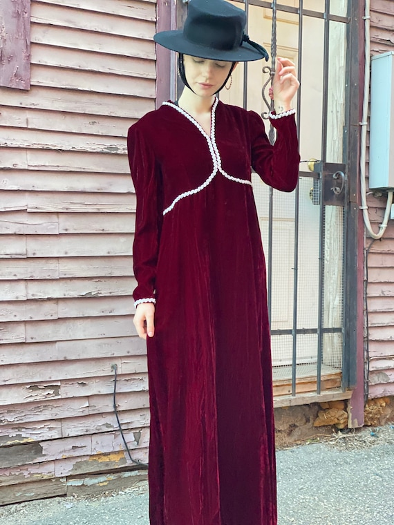 Blood Red Brick Wine Velvet Maxi Dress-1980s Does… - image 1