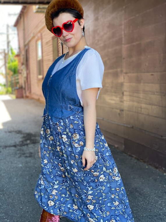 1990s Denim Pinafore Dress-Floral-Waffle Knit-Top… - image 7