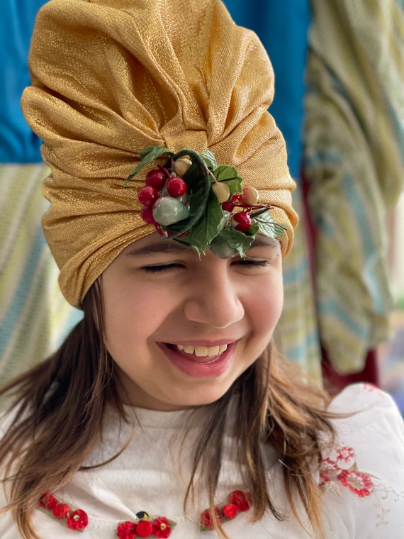 Vintage Metallic Turban with Fruit-Gold Stretch L… - image 5