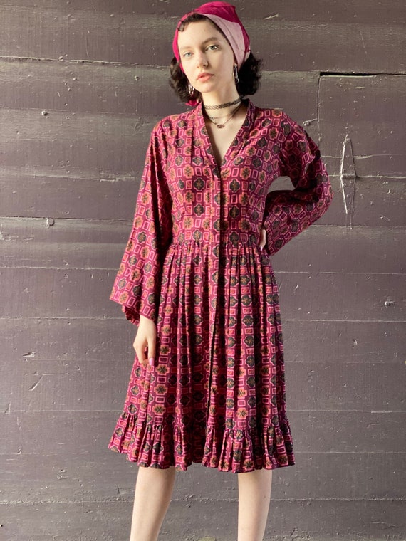 1940s Raspberry Crush Ruffled Dress-Bell Sleeve-Ha