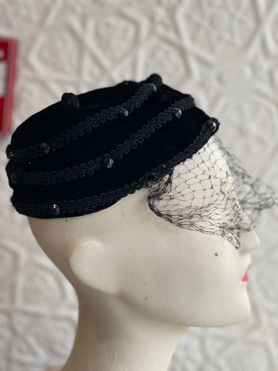 Midcentury black velvet pillbox hat-studded-net-f… - image 1