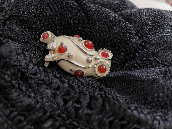 Lanvin Paris Signed Vintage Owl Brooch-Red Glass … - image 8