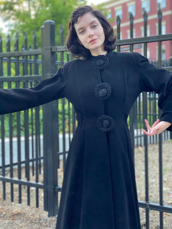 1940s Black Wool Princess Coat-Womens Small-Soutac