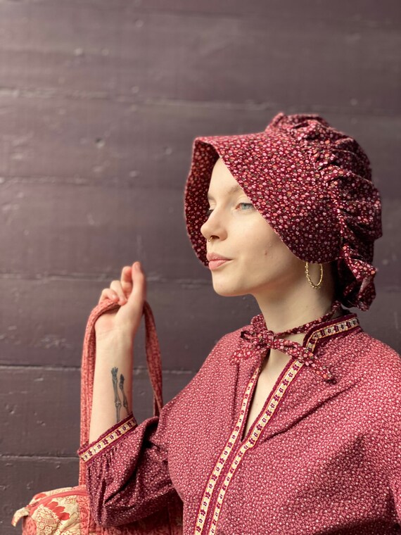 Calico Maroon Bonnet with ditsy floral pattern-Pin