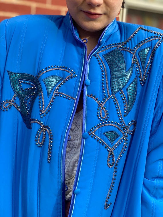 True Blue Satin Bed Jacket-1980s Vintage Embellis… - image 8