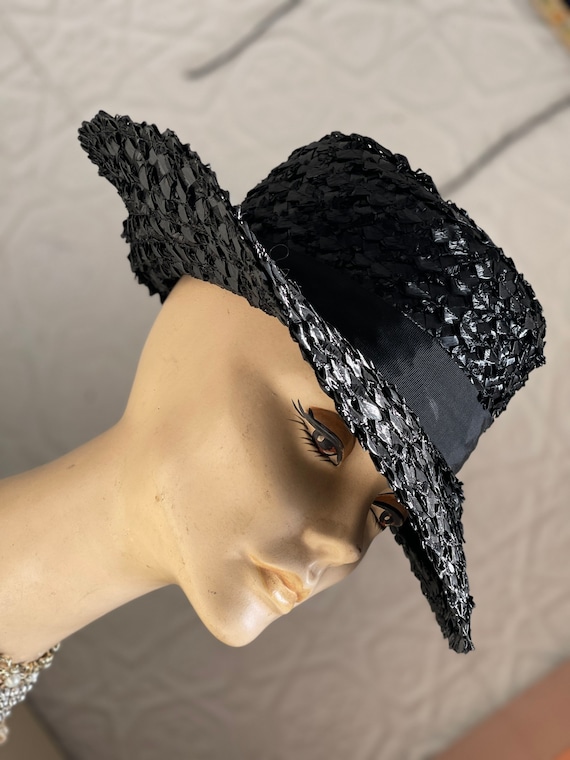 Midcentury Black Straw woven sunhat-Shiny Jet Wide