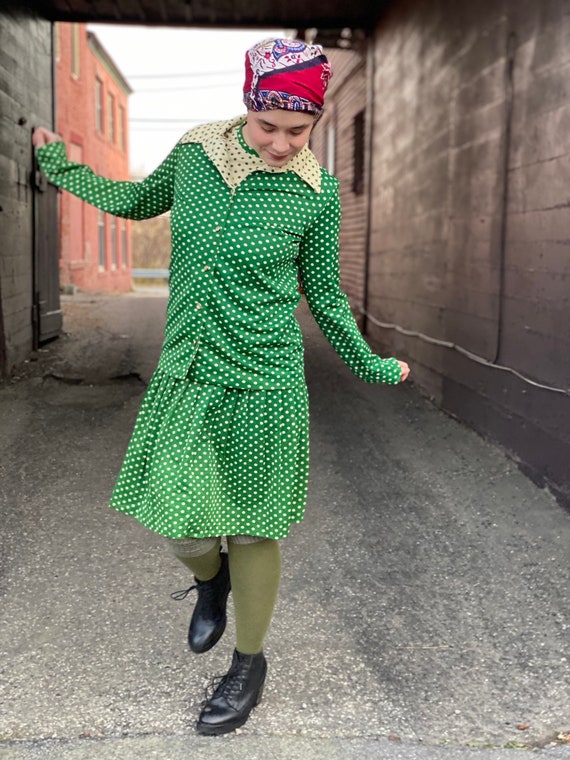 Punchy 1970s Green Polka Dot Dress Set-Flapper St… - image 4
