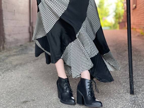 1940s Black White check Taffeta-Color block-maxi … - image 2