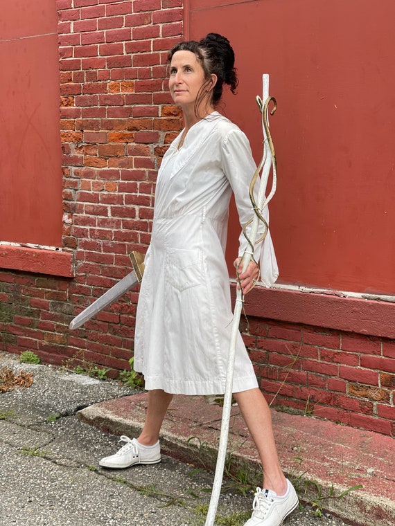 1920s Antique White Cotton Nurse Uniform Dress-Mi… - image 1