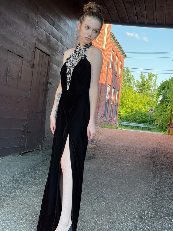 1980s Halter Neck Beaded Black Velvet Evening Gown