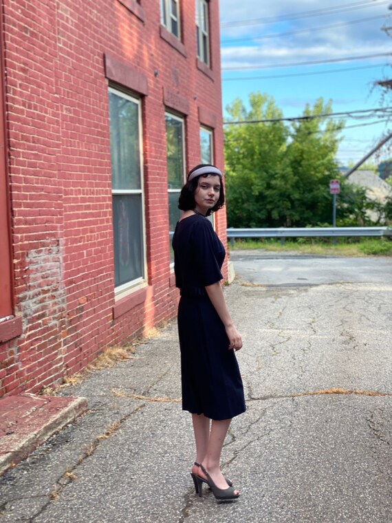 Early 1970's navy blue wiggle dress with cream buttons