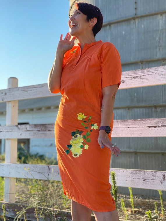 Vintage Orange Cotton shift dress-Hand-painted ye… - image 10