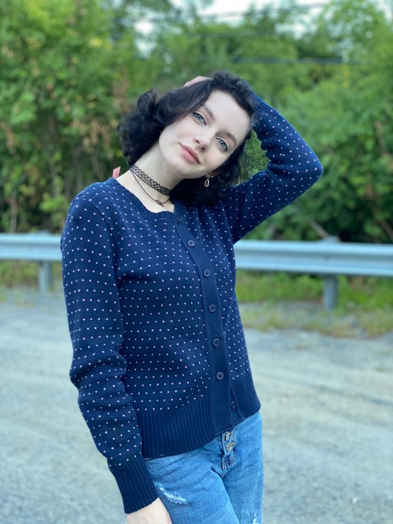 1980s cotton Navy Blue Cardigan with Tiny Pink Hea