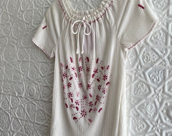 Absolutely Lovely White Cotton Embroidered Peasant Blouse-Variegated Pink Floral Embroidery and Trim-Off The Shoulder-60s Boho-Handmade