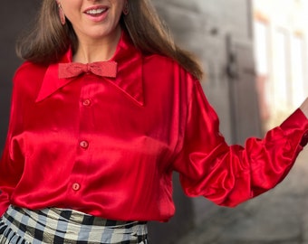 Red Satin Blouse - Etsy