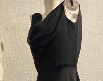 1950s Ceil Chapman Draped Black Cocktail Dress with Full Dancing Skirt-Beautiful Designer Jet Sleeveless 50s Evening Gown