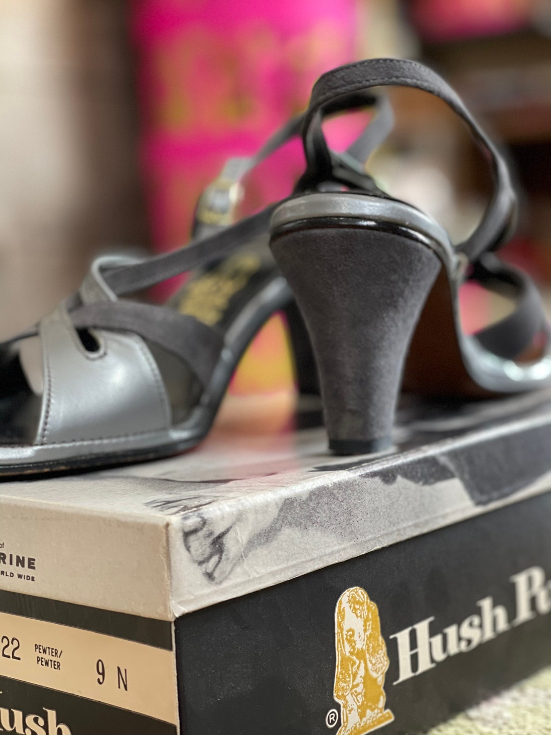 Vintage Hush Puppies High Heel Strappy Open Toe Silver Shoessuede