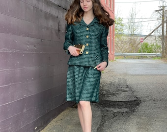 Vintage Woven Wool Suit Set blazer skirt trout Buttons green Plaid