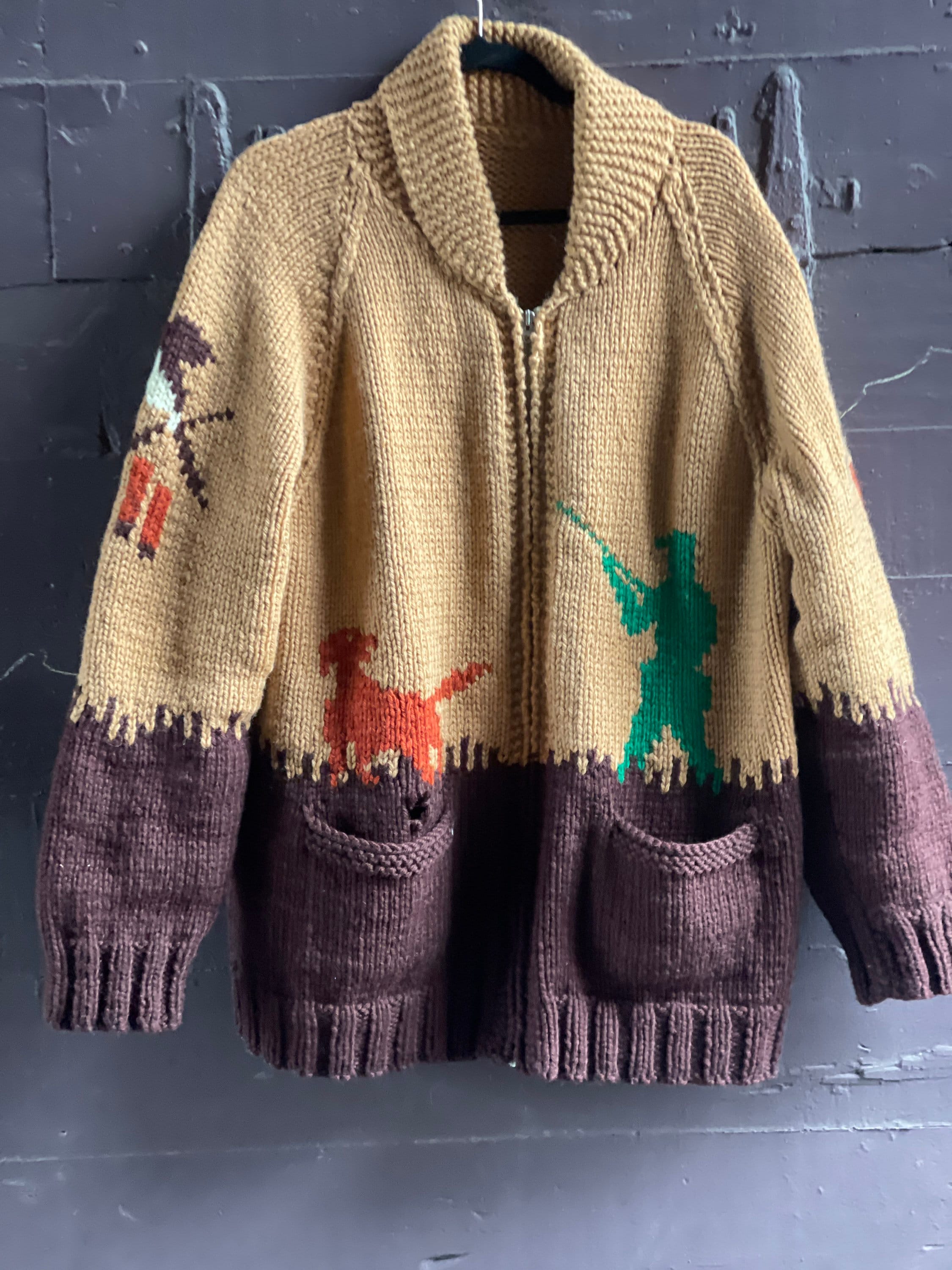 1950s Vintage Wool Pheasant Hunt Cowichan Cardigan Sweater-Brown