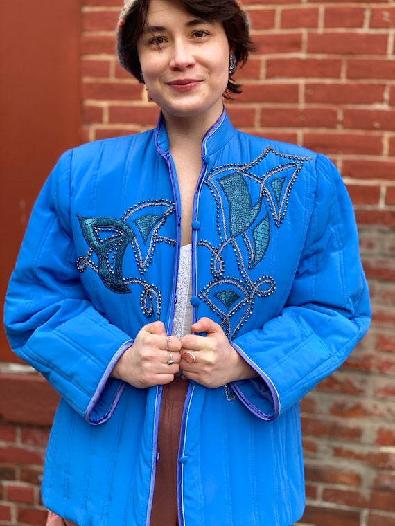 True Blue Satin Bed Jacket-1980s Vintage Embellis… - image 1