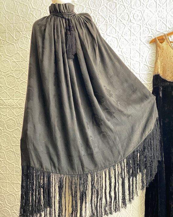 Antique Silk Damask Jet Black Fringed Cape-Mourni… - image 1