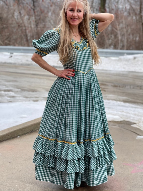 Country Cottage Green Gingham Picnic Maxi Dress-theatrical Costume